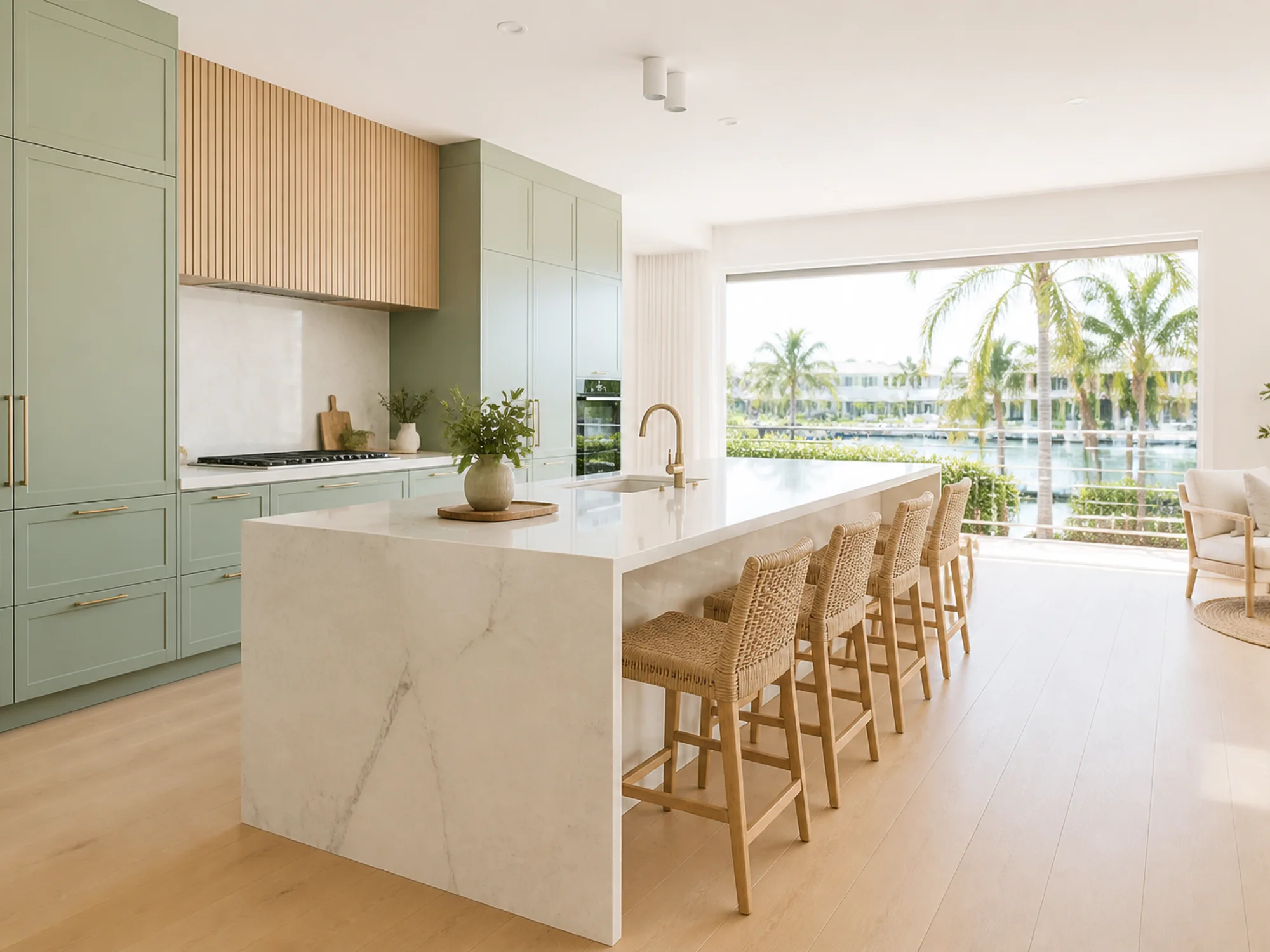 Sunlit kitchen with sage cabinetry and a pale stone island